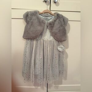 Popatu Starry Blue Dress with metallic stars and removable faux fur grey vest